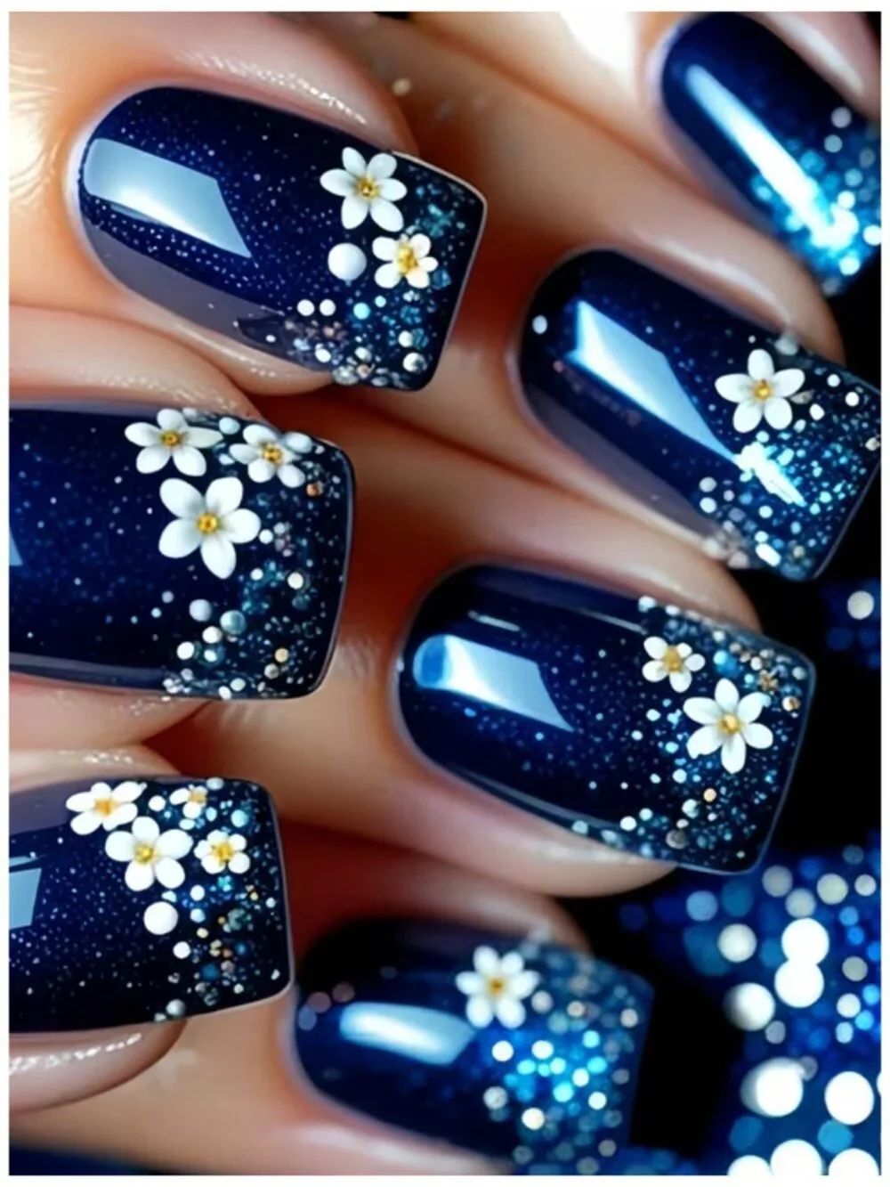 NWT 24pc Medium Square Press-On Nails Dark Blue White 3D Floral Glitter False Na